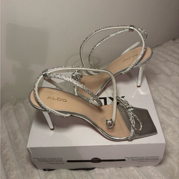 ALDO Silver Crystal Bow Strappy High Heels - Picture 2 of 3